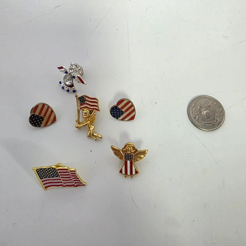 Lot of 6 Vintage Patriotic USA Flag Angel Heart Enamel Lapel Pins Red White Blue
